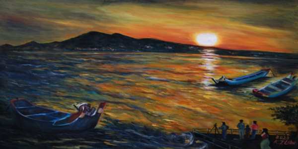 第1440期-賞析「淡水河畔夕陽，荷池畔穗花棋盤腳」油畫作品之美